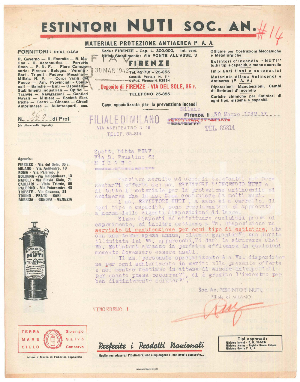 Documento originale, autentico 1942 FIRENZE Estintori NUTI Offerta per la Ditta FIAV di Milano  Lettera 22x28 1