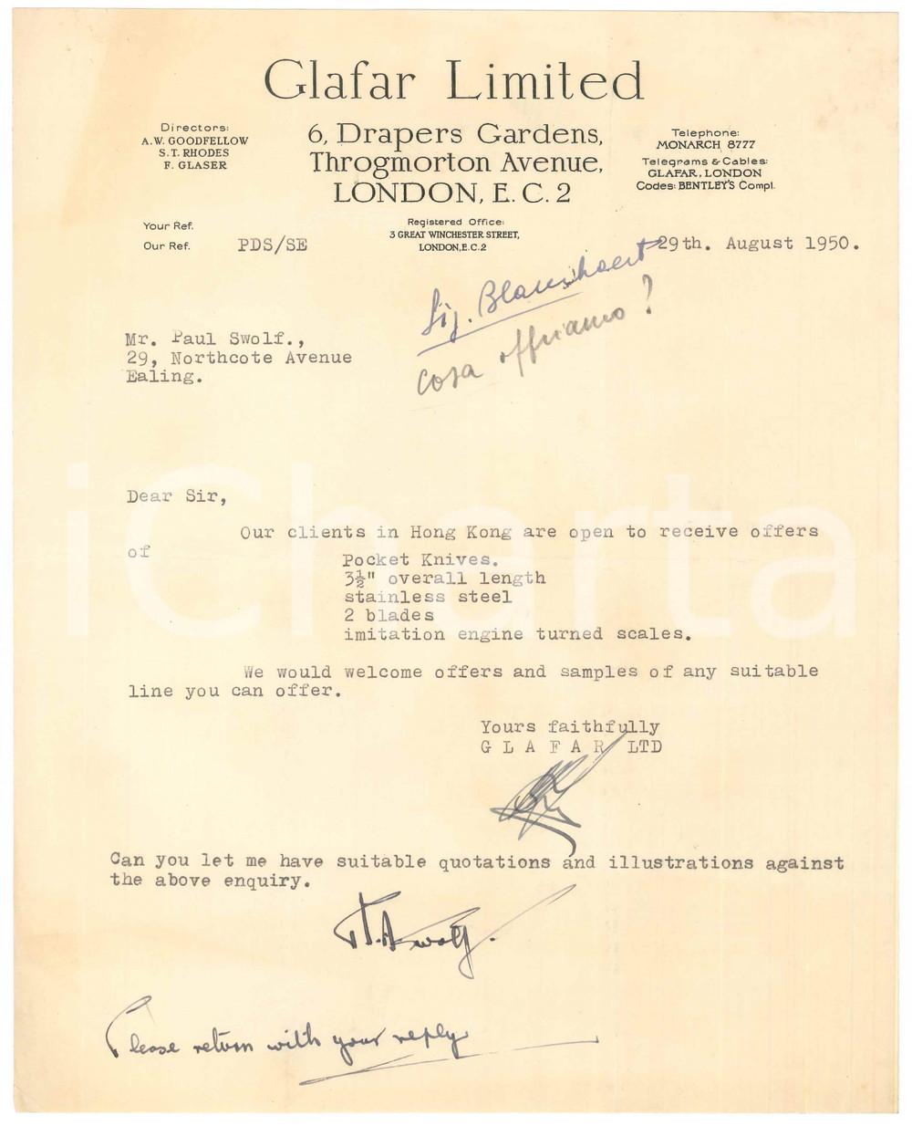Documento originale, autentico 1950 LONDON Glafar Limited  Letter to Paul SWOLF for pocket knives and blades 1