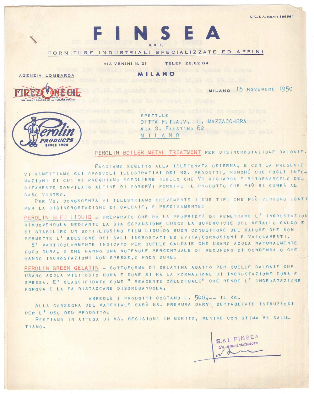 1950 MILANO Via Venini FINSEA Prodotti PEROLIN Lettera con opuscoli 22x28 cm