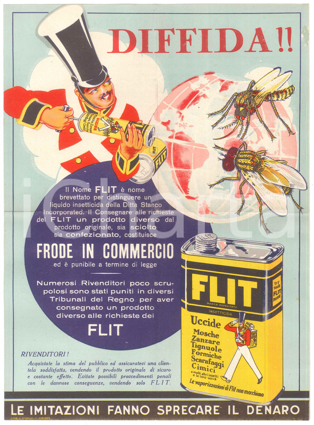 Materiale pubblicitario d’epoca 1940 ca FLIT INSETTICIDA Opuscolo contro la contraffazione del prodotto 21x29 cm 1