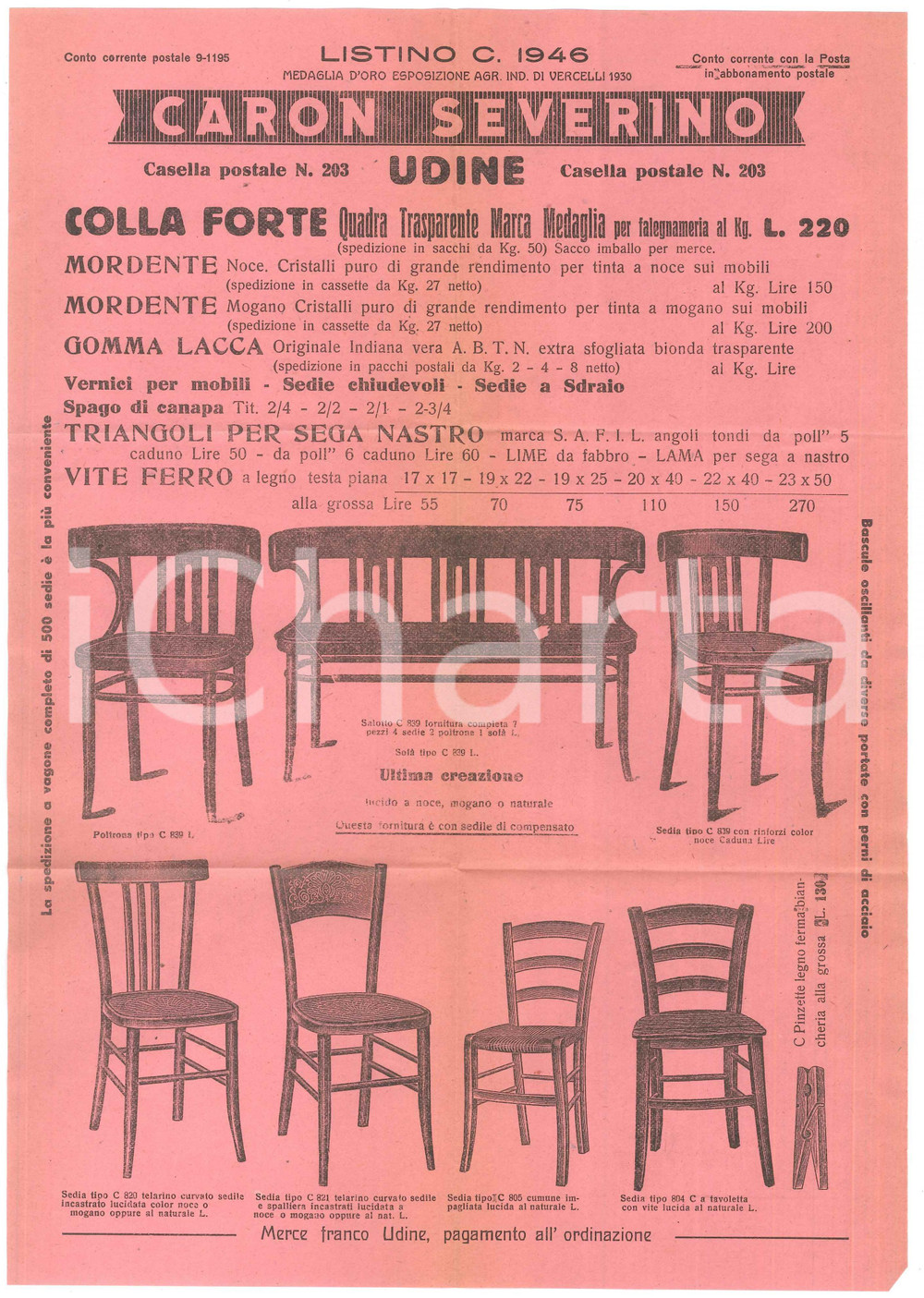 Materiale pubblicitario d’epoca 1935 ca UDINE Severino CARON Mobili in legno GOMMA LACCA Mordente  Volantino 1