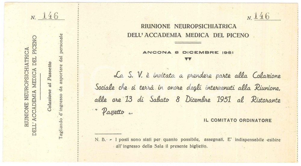 Oggetto da collezione cartaceo 1951 ANCONA Accademia medica del Piceno  Invito colazione a Ristorante Passetto 1