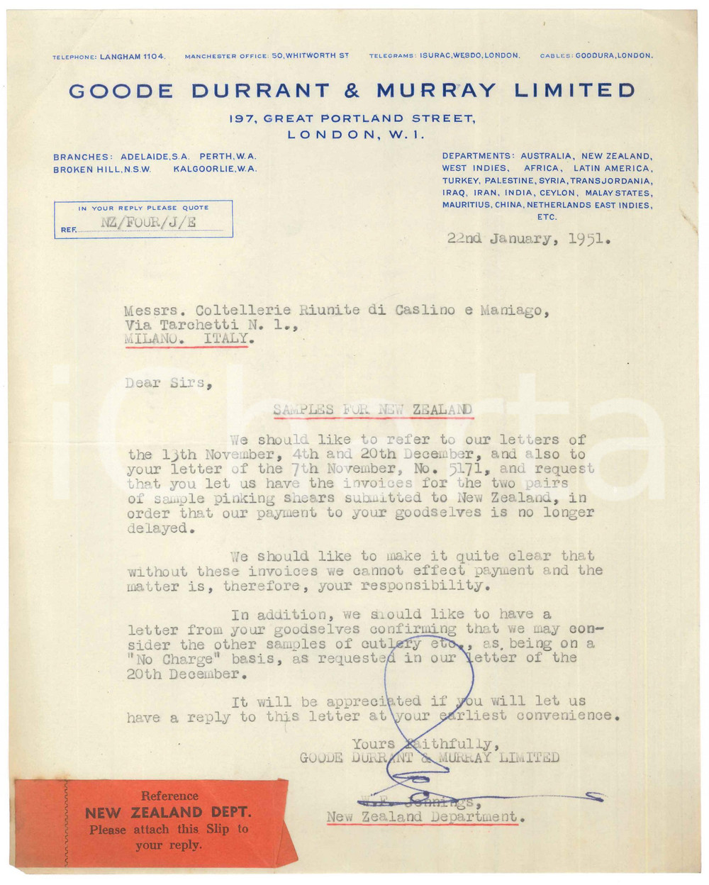 Documento originale, autentico 1951 NEW ZEALAND Goode Durrant and Murray Ltd.  Lettera commerciale CORICAMA 1