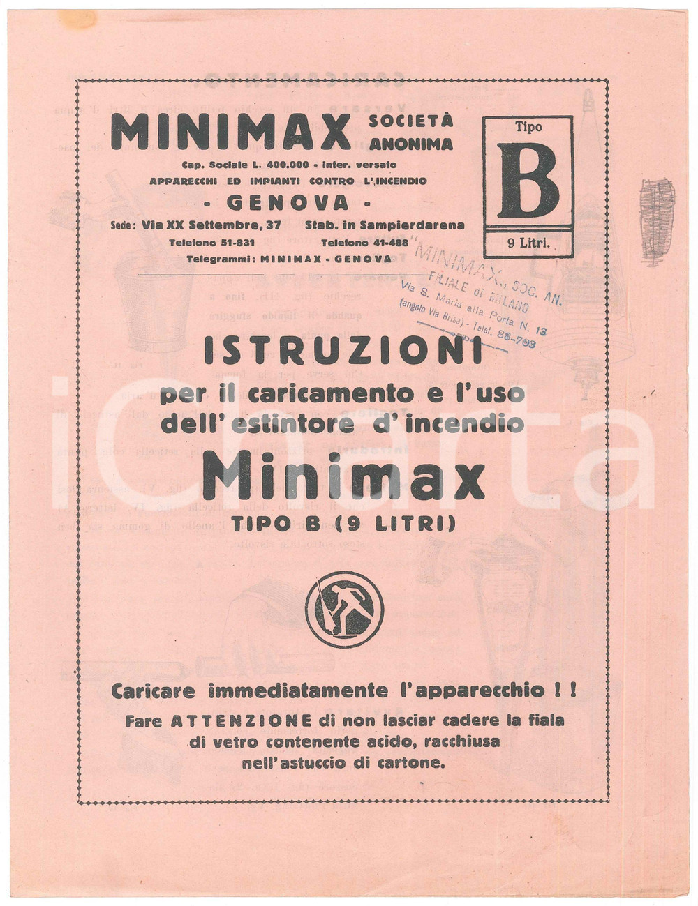 Materiale pubblicitario d’epoca 1935 ca GENOVA Istruzioni per l uso dell estintore MINIMAX Tipo B  Volantino 1