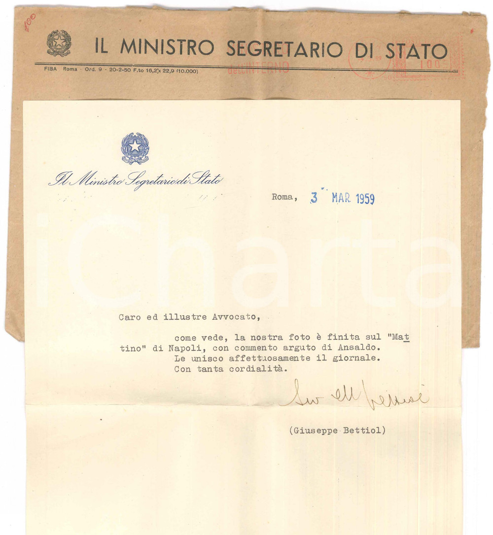 Autografo originale 1959 ROMA Lettera Giuseppe BETTIOL  Ministro Segretario di Stato  AUTOGRAFO 1