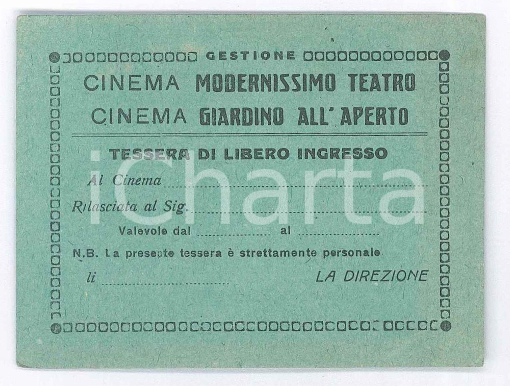 Oggetto da collezione cartaceo 1950 ca ITALIA Cinema Modernissimo Teatro  Cinema Giardino all aperto Biglietto 1
