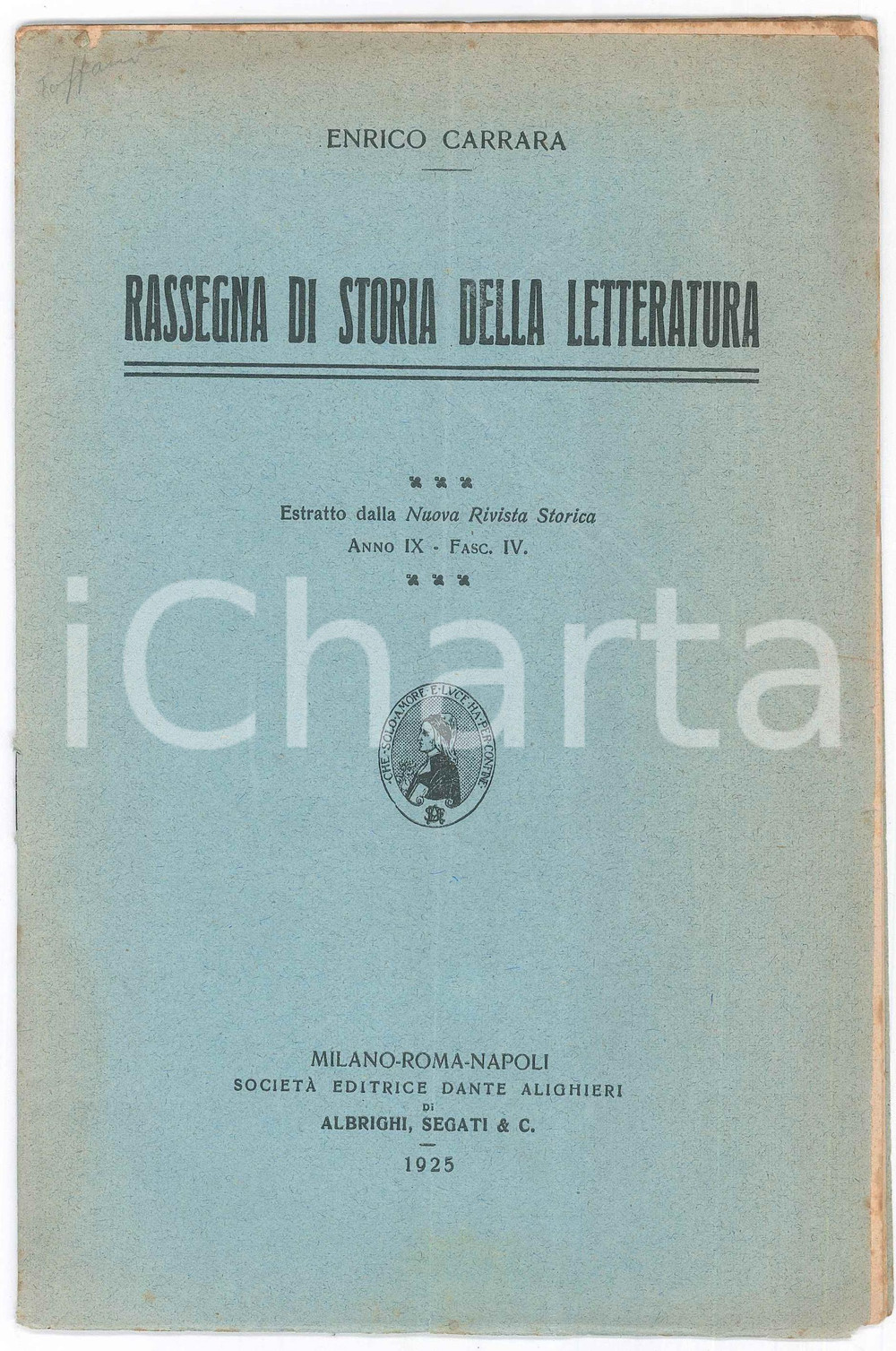 Materiale pubblicitario d’epoca 1925 Enrico CARRARA Rassegna di storie della letteratura  Invio autografo 15x23 1