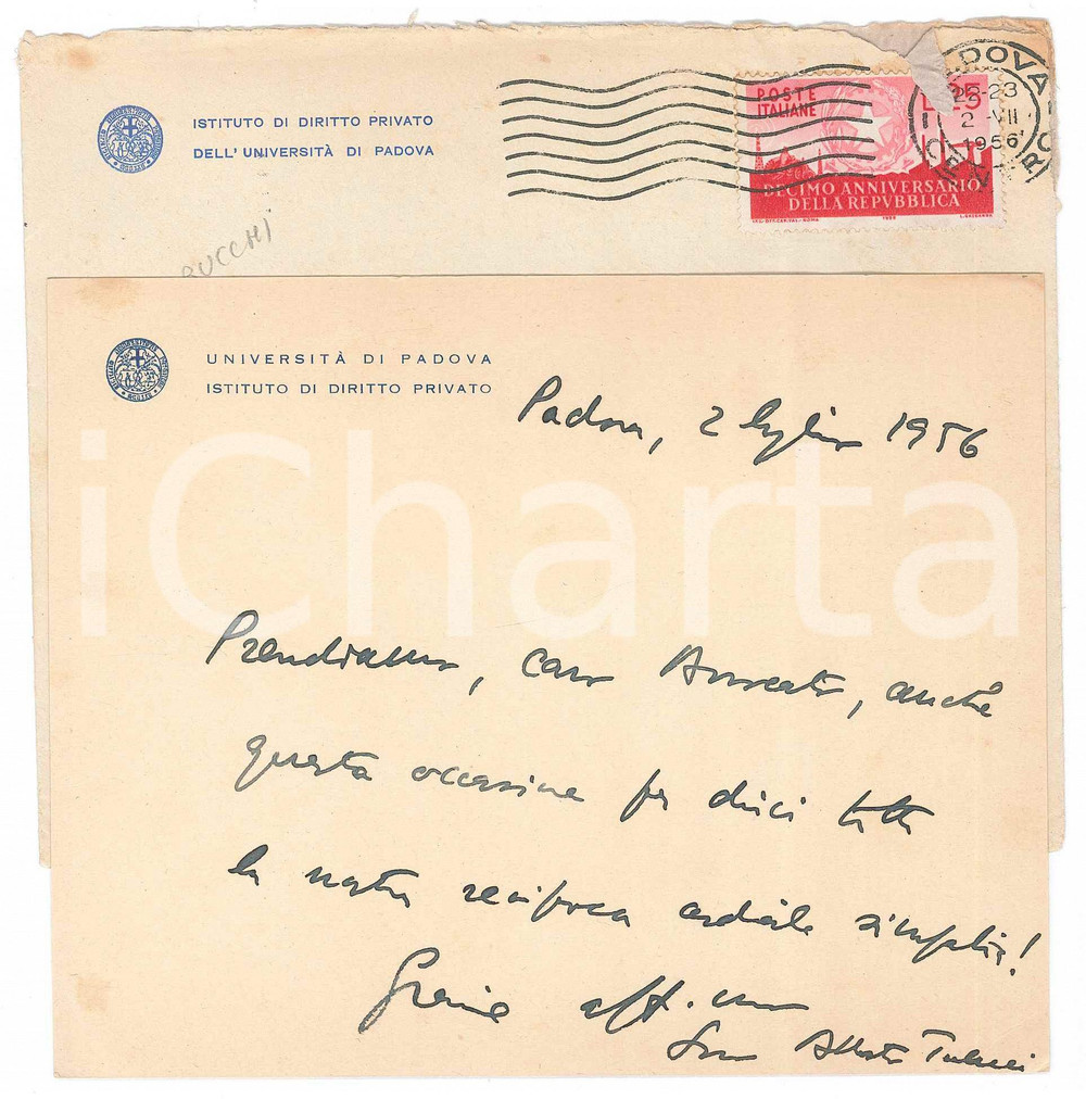 Autografo originale 1956 UniversitÃ  di PADOVA Prof. Alberto TRABUCCHI  Biglietto AUTOGRAFO 1