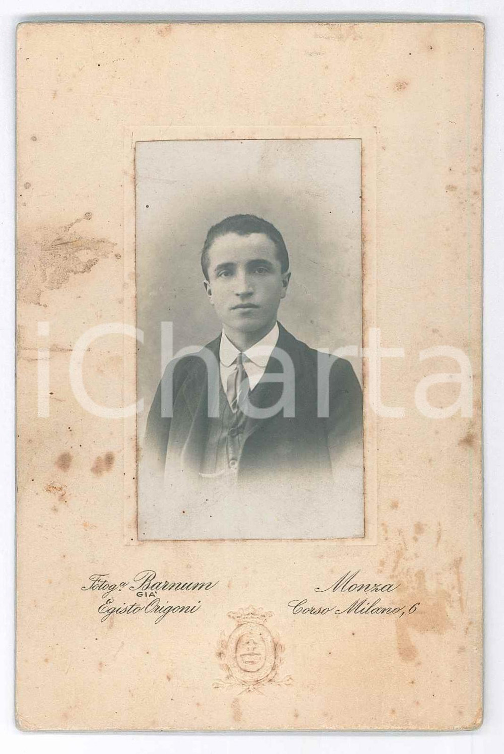 Fotografia d epoca originale 1912 MONZA Ritratto di giovane uomo  Busto  Foto BARNUM giÃ  ORIGONI 8x12 cm 1