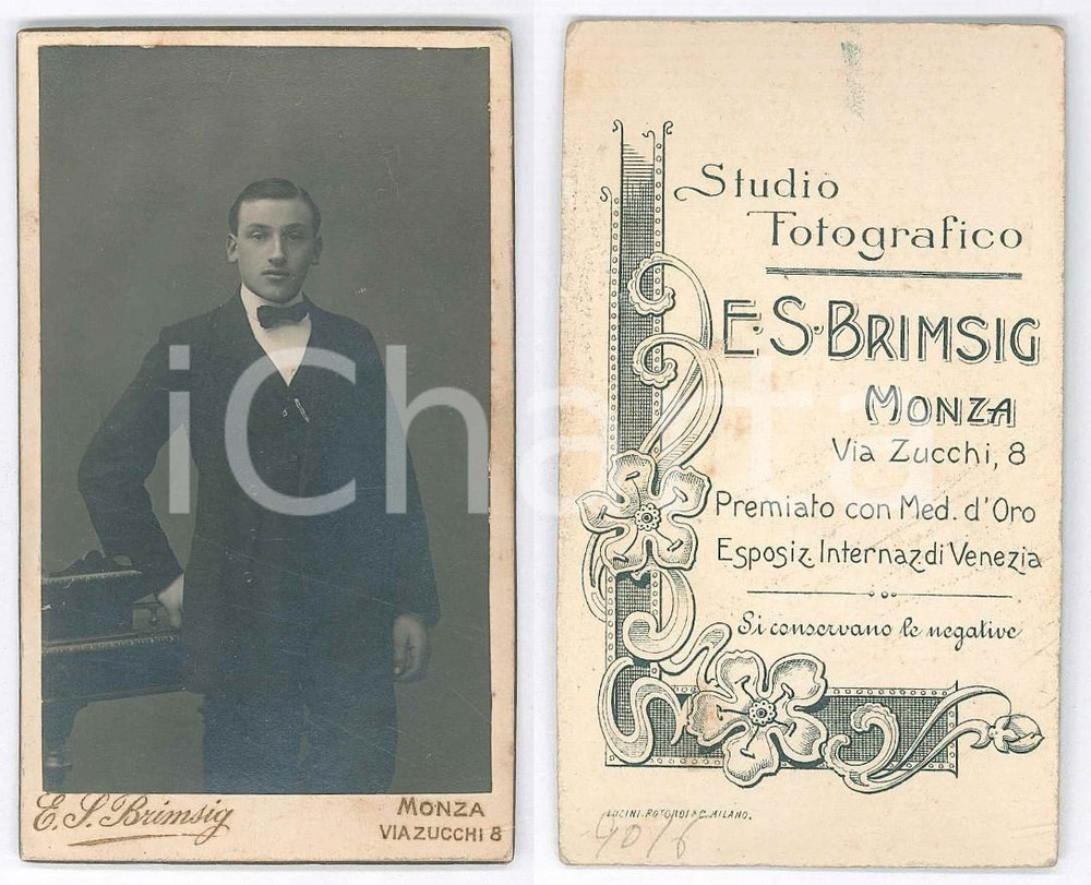 Fotografia d epoca originale 1900 ca MONZA Ritratto di giovane uomo Foto E. S. BRIMSIG CDV 1