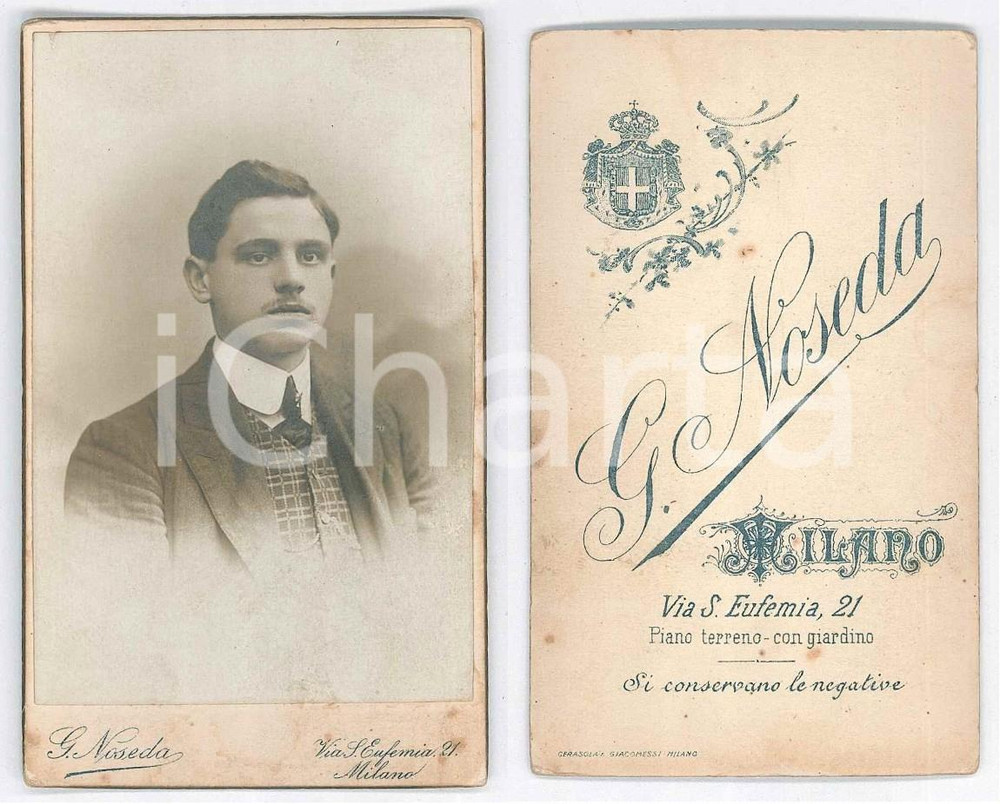 Fotografia d epoca originale 1900 ca MILANO Ritratto di giovane uomo  Busto Foto NOSEDA CDV 1