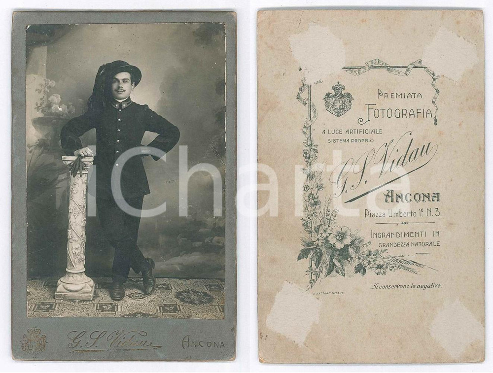 Fotografia d epoca originale 1900 ca ANCONA REGIO ESERCITO Ritratto di bersagliere Fotografia G. VIDAU CDV 1
