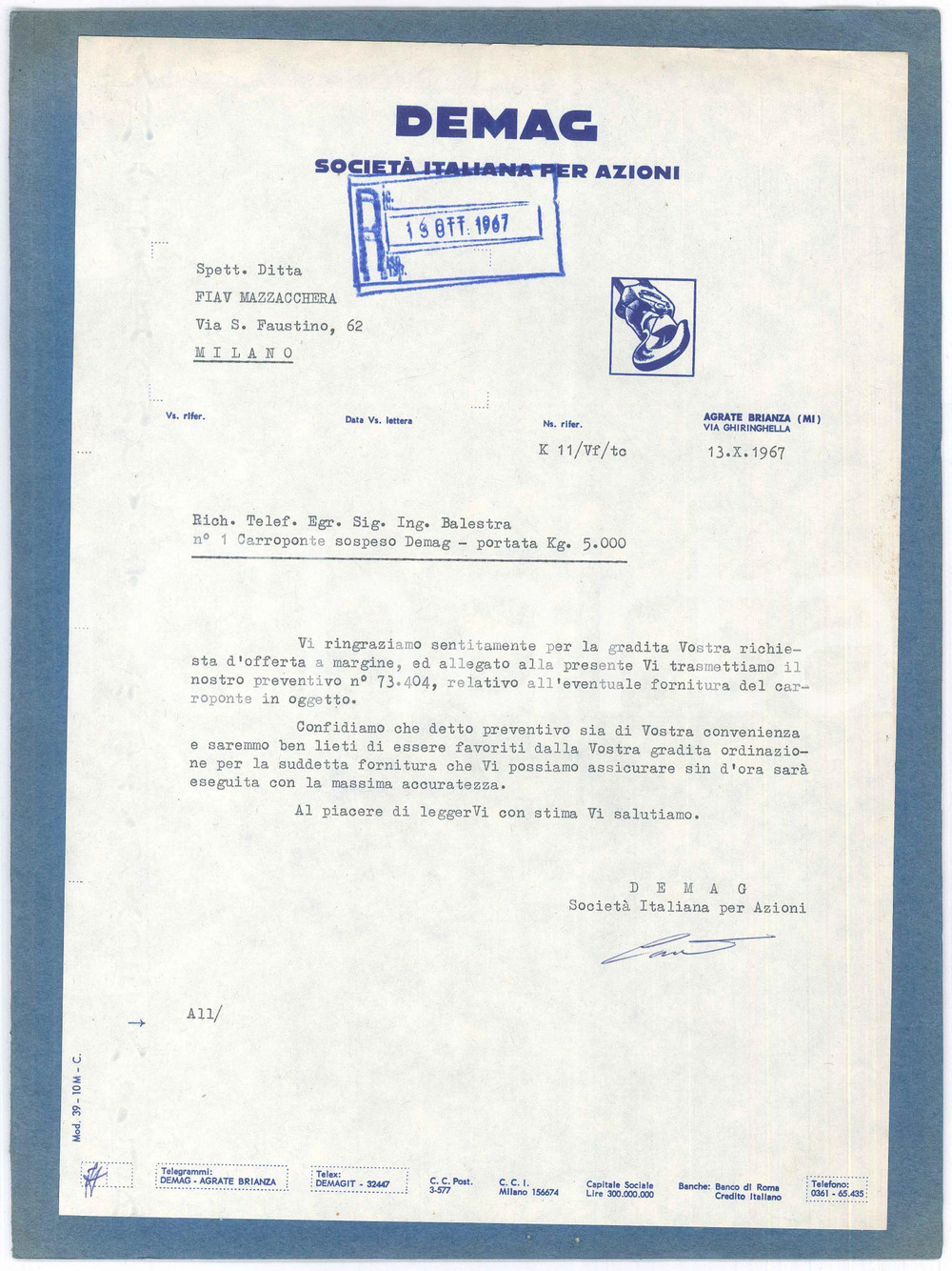 Documento originale, autentico 1967 AGRATE BRIANZA  DEMAG Preventivo per carroponte sospeso  23x31 cm 1