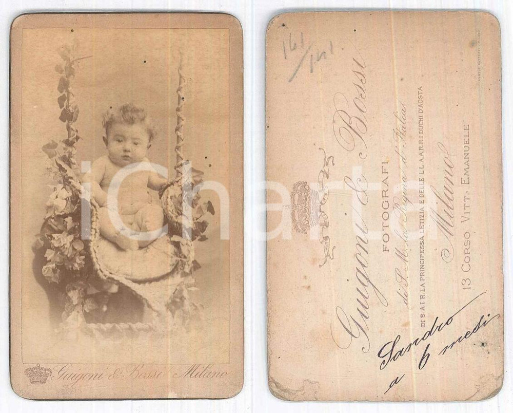 Fotografia d epoca originale 1880 ca MILANO Bambino di 6 mesi in altalena fiorita  Foto GUIGONI & BOSSI CDV 1