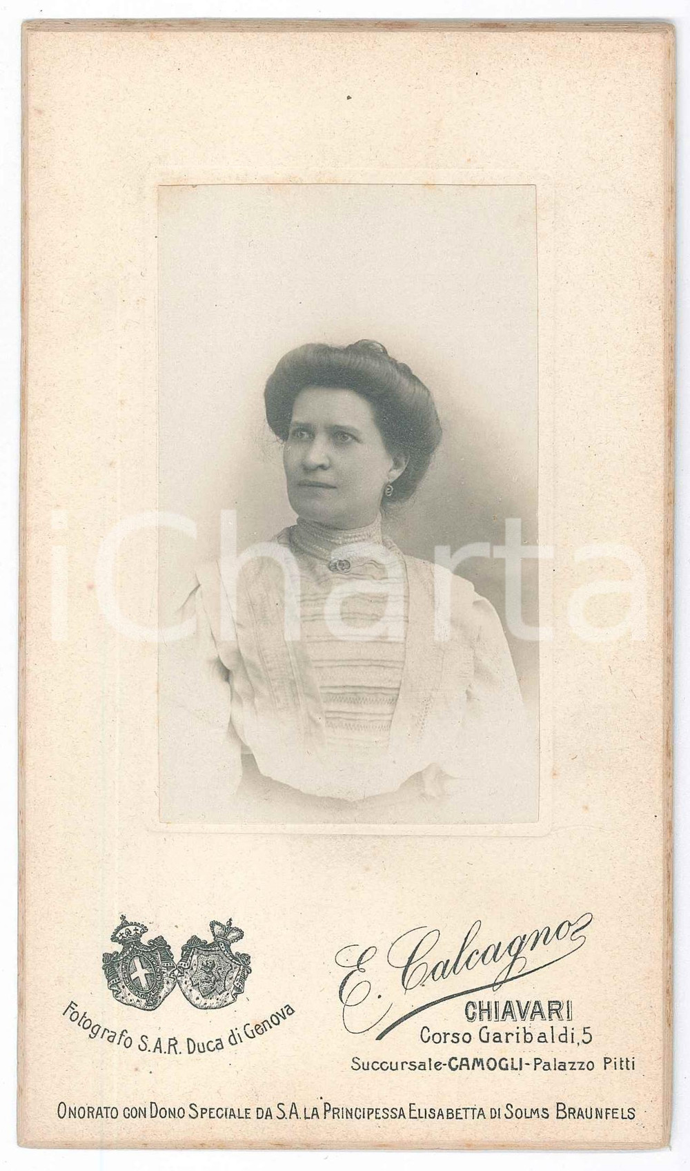 Fotografia d epoca originale 1910 ca CHIAVARI Donna in abito bianco  Ritartto Foto E. CALCAGNO 10x18 cm 1