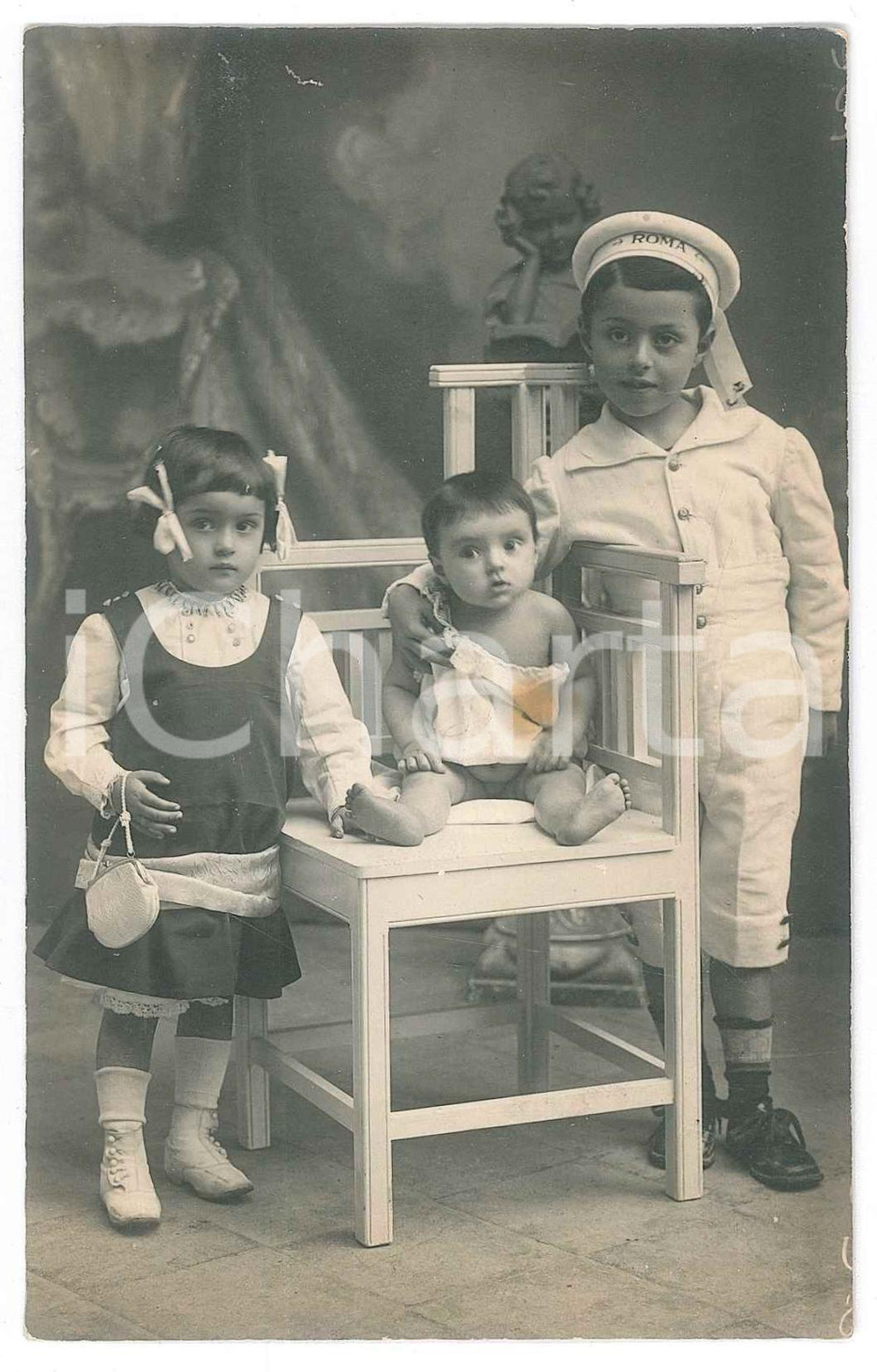 Fotografia d epoca originale 1920 ca SESTRI PONENTE Rosa e Guglielmina BRESCI bambine con il fratello Foto 1