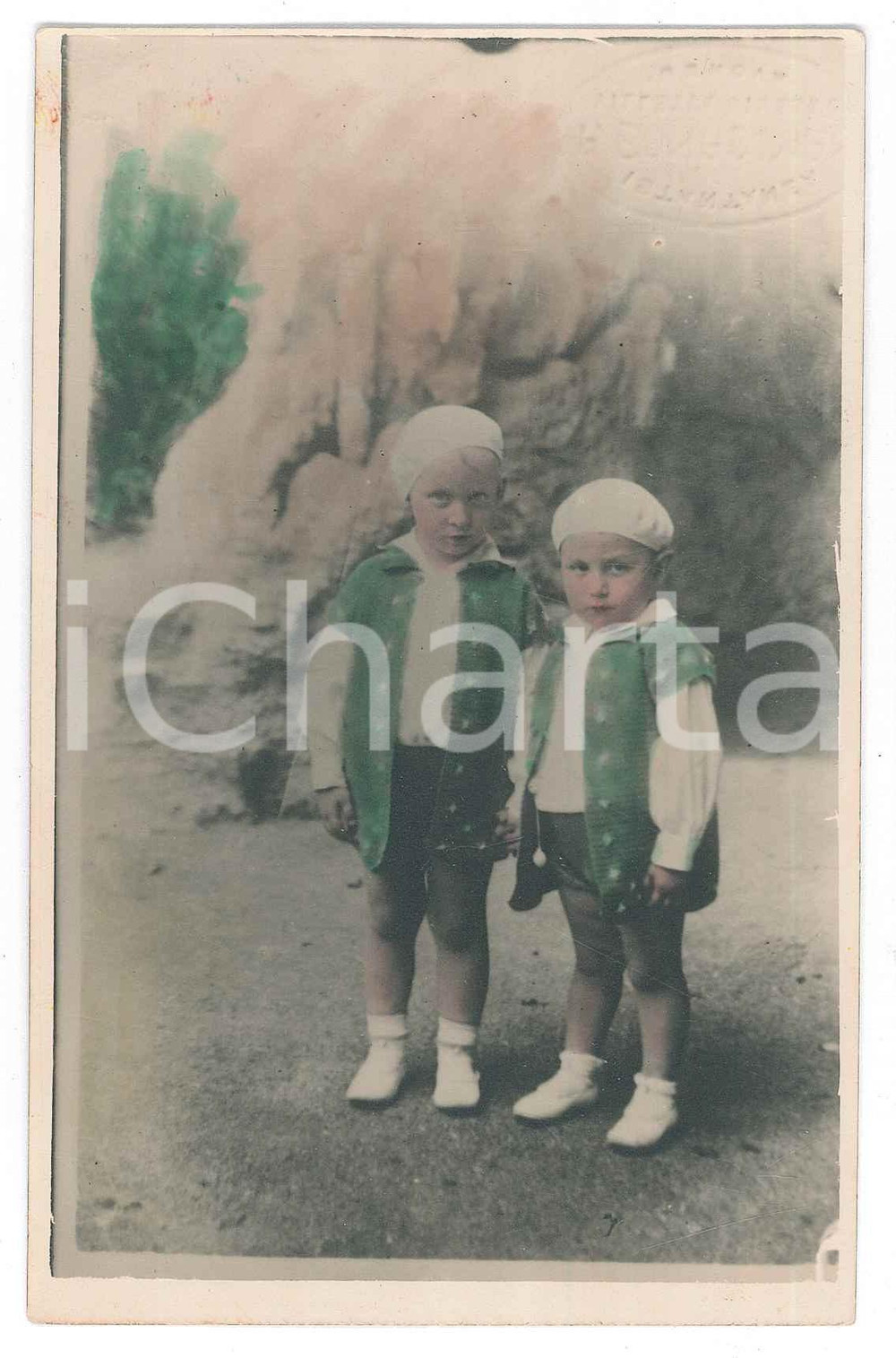 Fotografia d epoca originale 1932 GENOVA Due fratellini con maglione a colori  Ritratto Foto cartolina 1