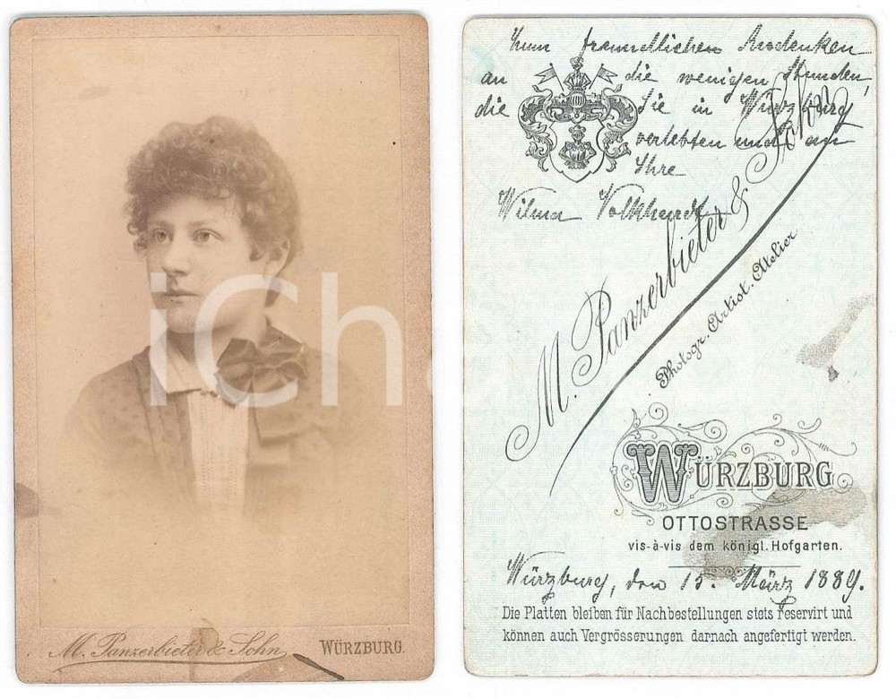 Fotografia d epoca originale 1889 WURZBURG Ritratto di Wilma VOLKHARDT Foto PANZERBIETER CDV 1