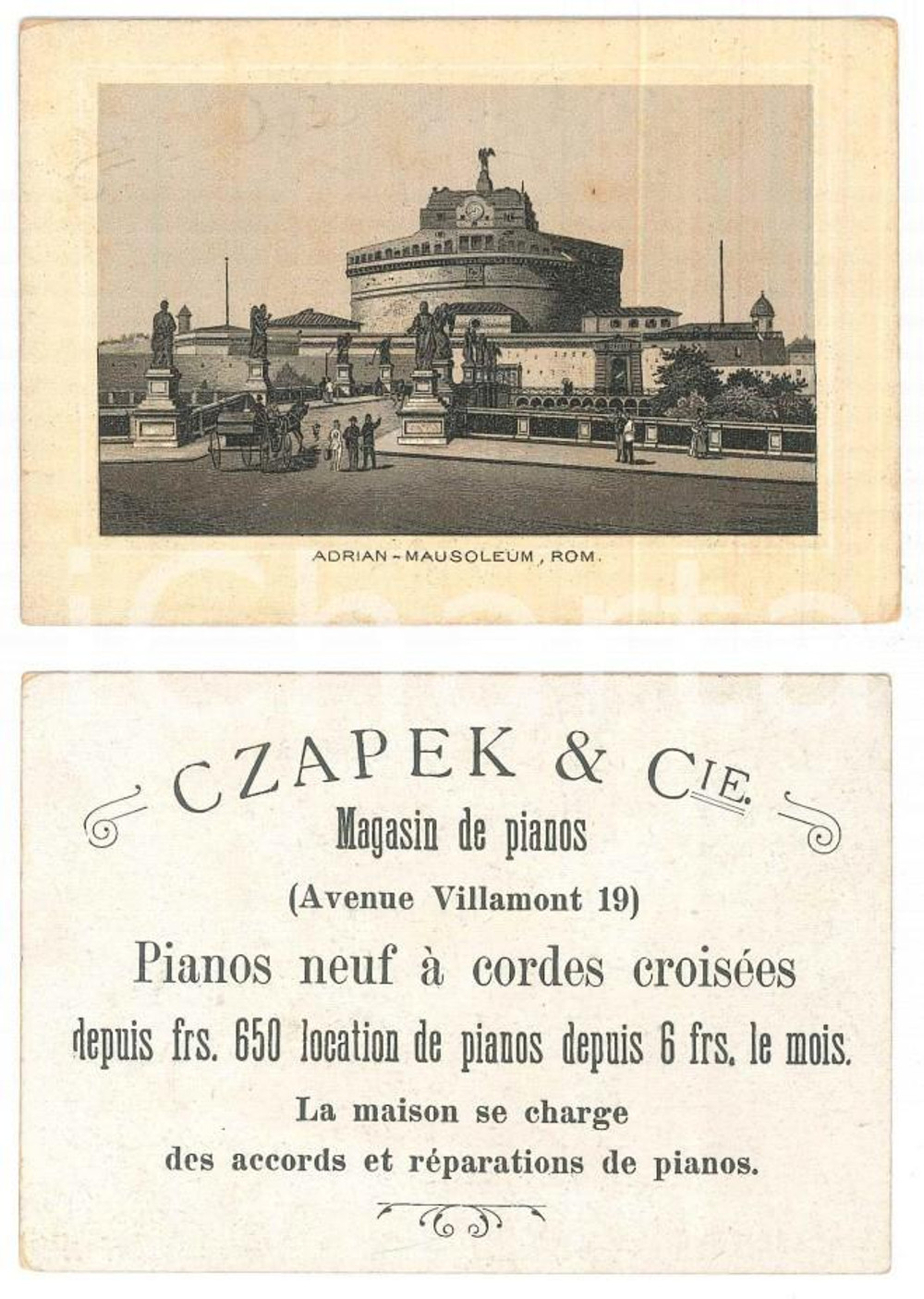 Oggetto da collezione cartaceo 1910 ca LAUSANNE  CZAPEK & Cie Magasin de pianos  Billet ROM Adrian Mausoleum 1