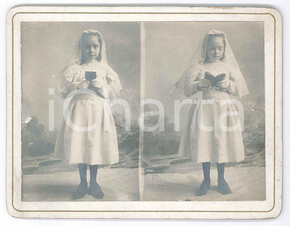 Fotografia d epoca originale 1910 ca ITALIA Bambina alla Prima Comunione  Foto anonima doppia 13x10 cm 1