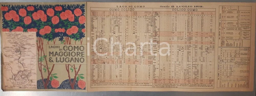 Materiale pubblicitario d’epoca 1912 Laghi di COMO  MAGGIORE  LUGANO  GARDA  ISEO Pieghevole orari 1