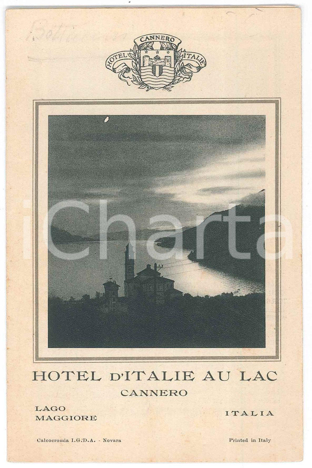Materiale pubblicitario d’epoca 1930 CANNERO RIVIERA VCO Hotel d Italie au Lac  Pieghevole ILLUSTRATO 1