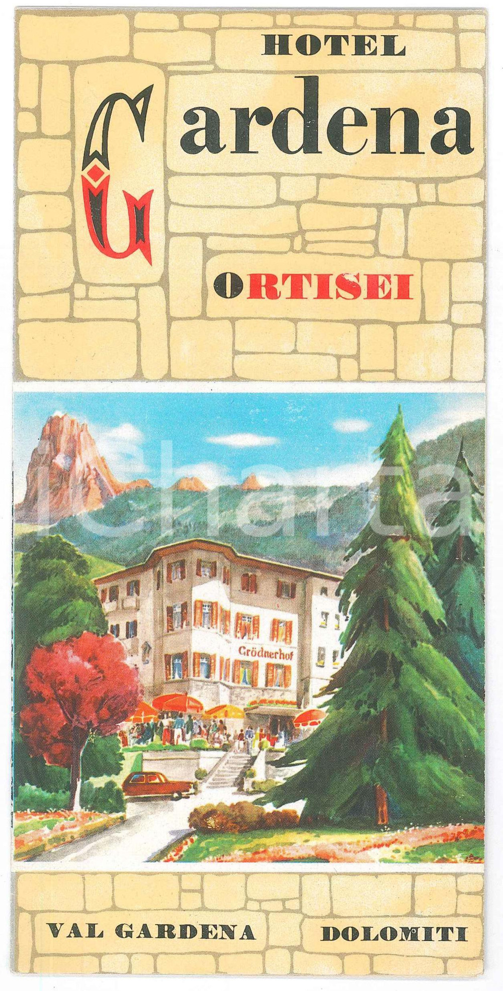 Materiale pubblicitario d’epoca 1960 ca TURISMO DOLOMITI  ORTISEI  Hotel VAL GARDENA Pieghevole illustrato 1