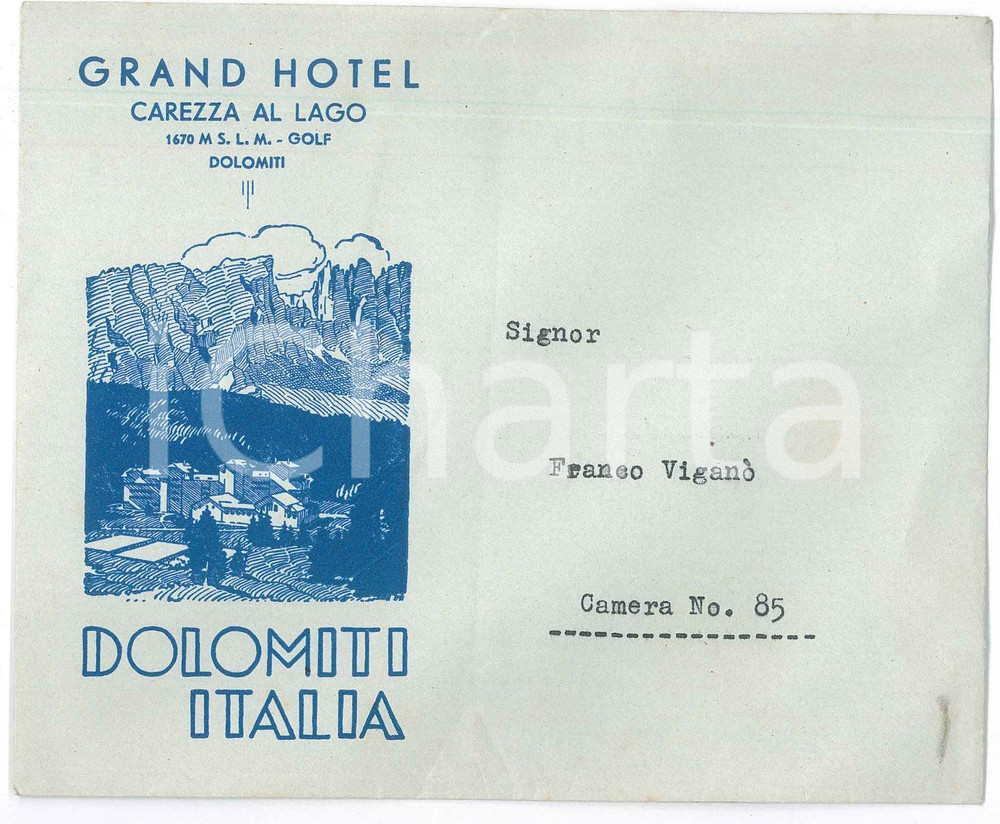 Materiale pubblicitario d’epoca 1950 ca DOLOMITI  TURISMO  Grand hotel CAREZZA AL LAGO  Busta pubblicitaria 1