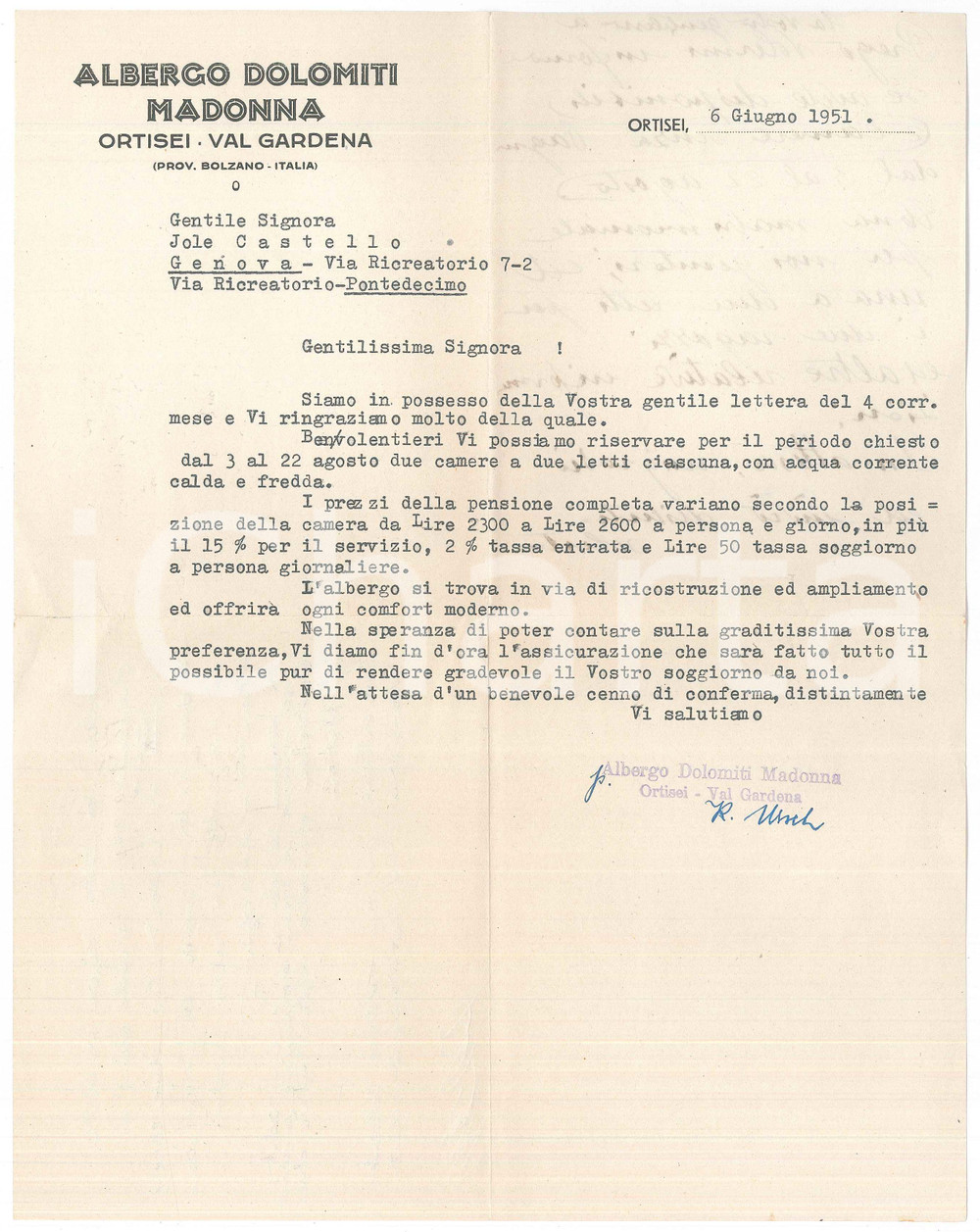 Manoscritto, lettera originale 1951 ORTISEI  VAL GARDENA  Albergo DOLOMITI MADONNA  Lettera per prenotazione 1