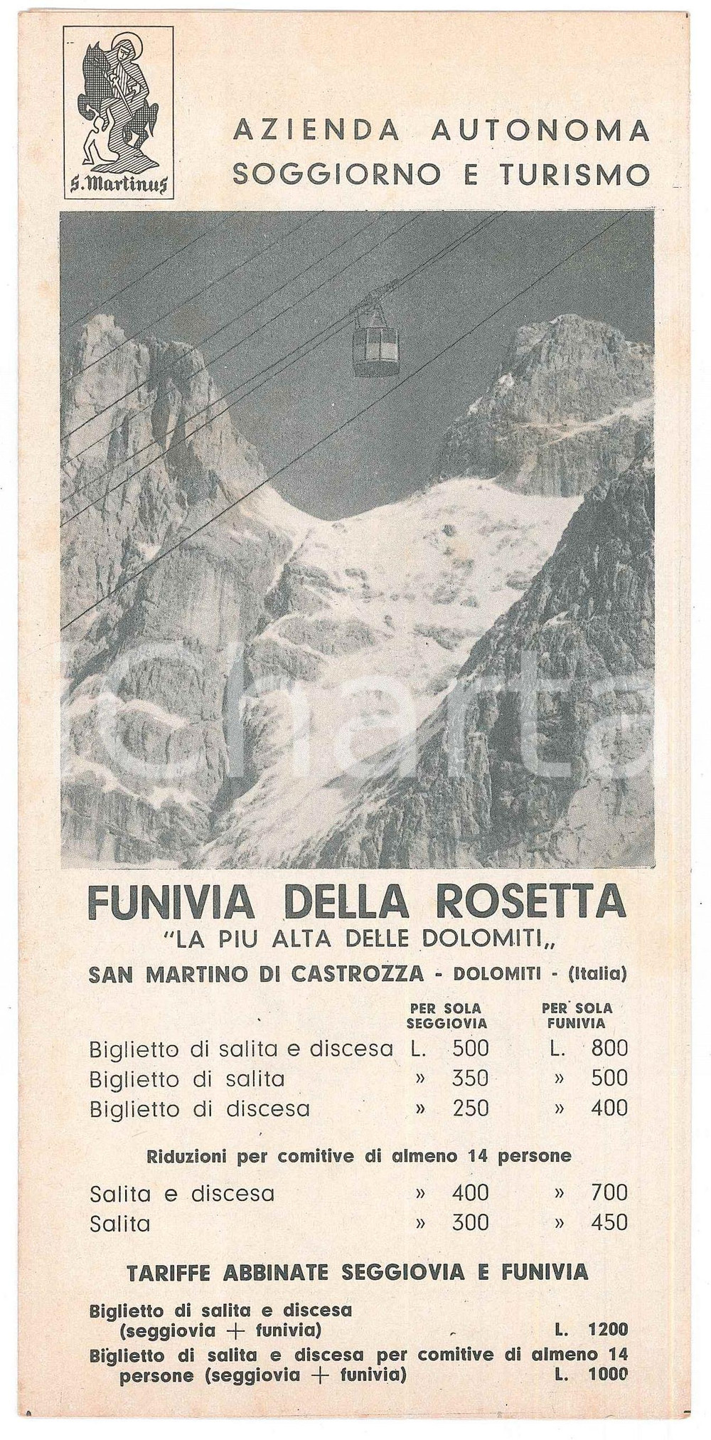 1960 ca TURISMO - DOLOMITI - Funivia della Rosetta - Pieghevole Pieghevole pubblicitario, originale d'epoca, su 6 facciate. GOOD/buono  Formato: 11x20 cm originale e autentica 1