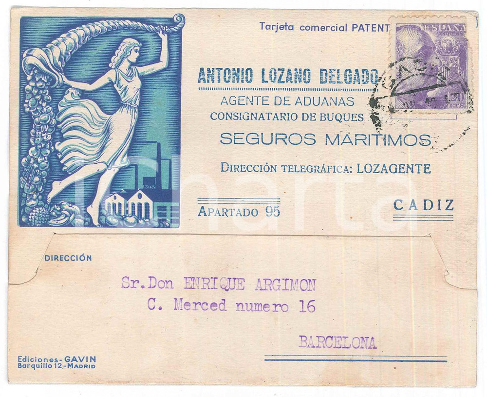 Cartolina originale da collezione 1942 CADIZ  Antonio LOZANO DELGADO Agente de aduanas  Tarjeta comercial 1