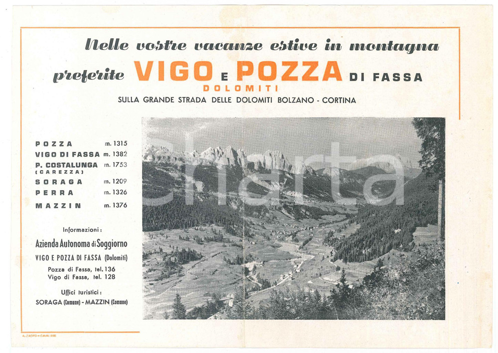 Materiale pubblicitario d’epoca 1950 ca TURISMO  DOLOMITI  VIGO E POZZA  Volantino pubblicitario 1