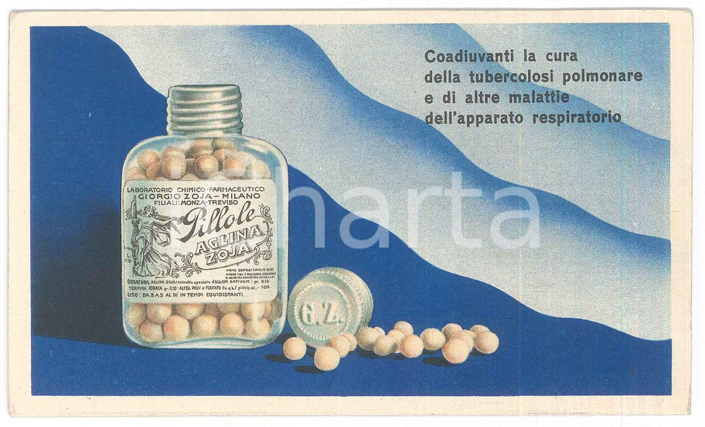 Materiale pubblicitario d’epoca 1939 MILANO FARMACEUTICA Giorgio ZOJA  Biglietto Pillole AGLINA Mappa TARANTO 1