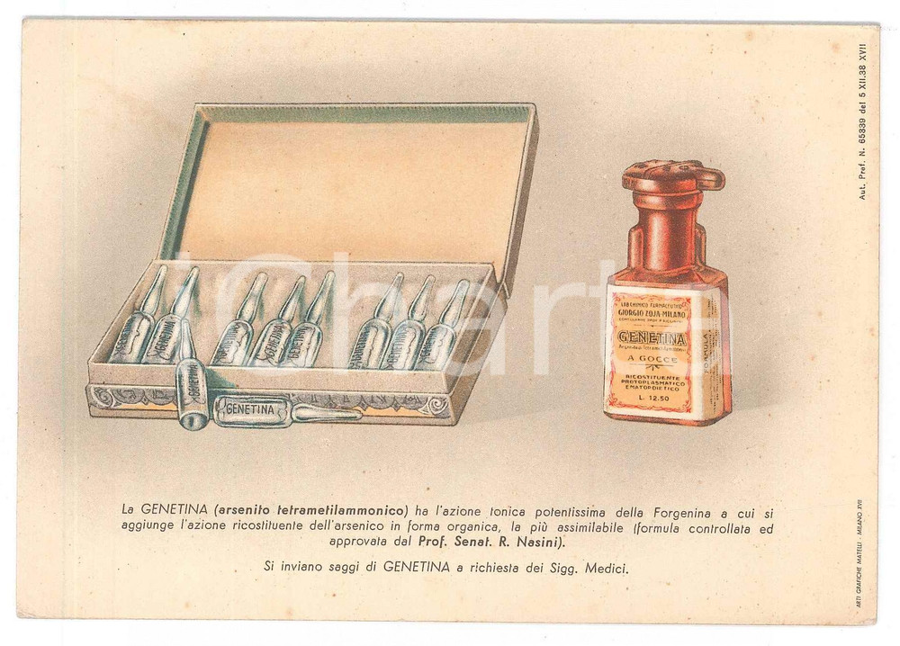 Materiale pubblicitario d’epoca 1939 MILANO FARMACEUTICA Giorgio ZOJA  Biglietto GENETINA Serie Botticelliana 1