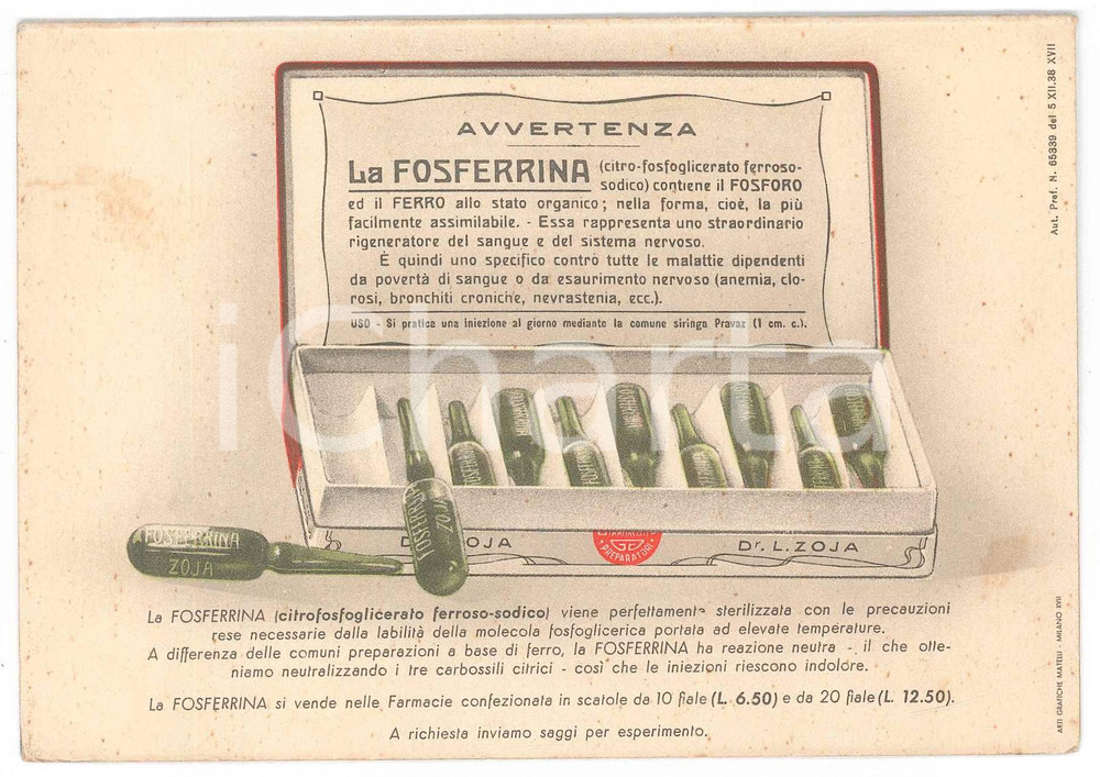 Materiale pubblicitario d’epoca 1939 MILANO FARMACEUTICA Giorgio ZOJA  Biglietto FOSFERRINA Serie botticelliana 1