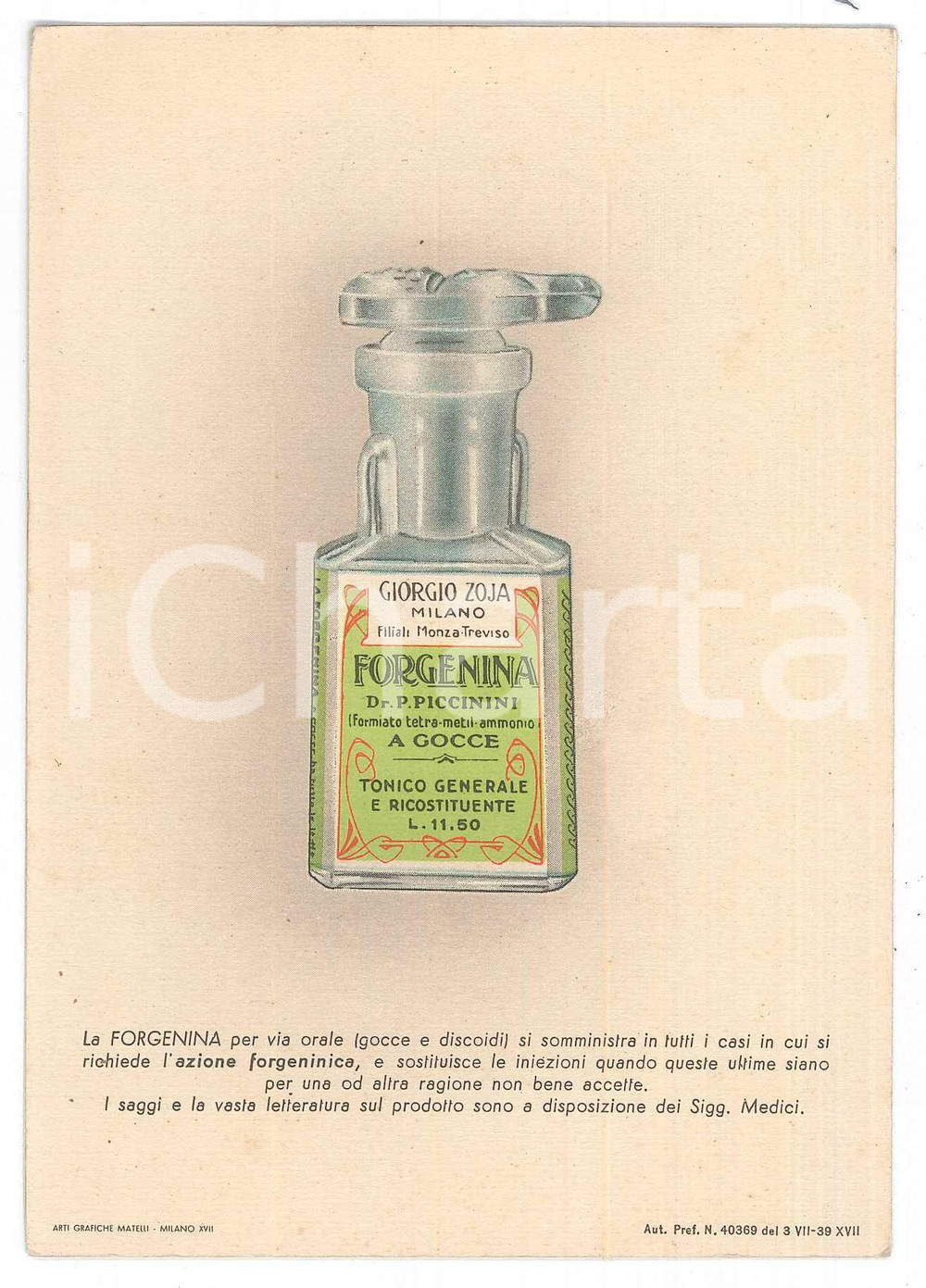 Materiale pubblicitario d’epoca 1940 MILANO FARMACEUTICA Giorgio ZOJA  Biglietto FORGENINA Serie botticelliana 1