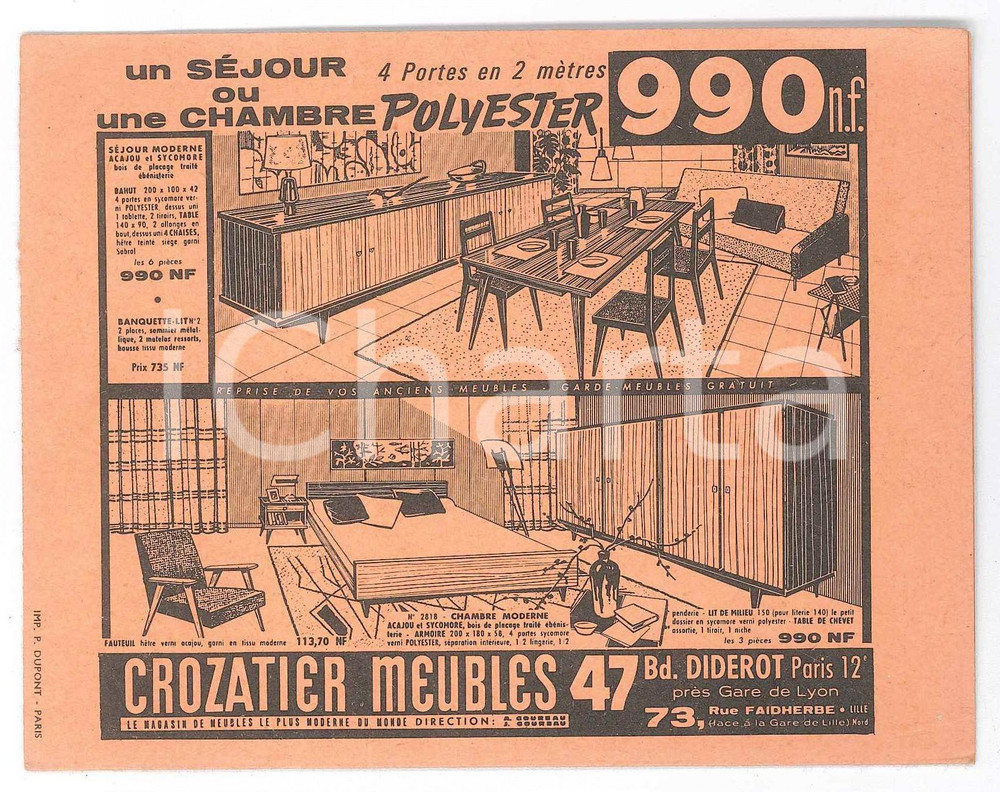 Materiale pubblicitario d’epoca 1961 PARIS bd Diderot  Meubles CROZATIER  Carte d achat ILLUSTREE 1