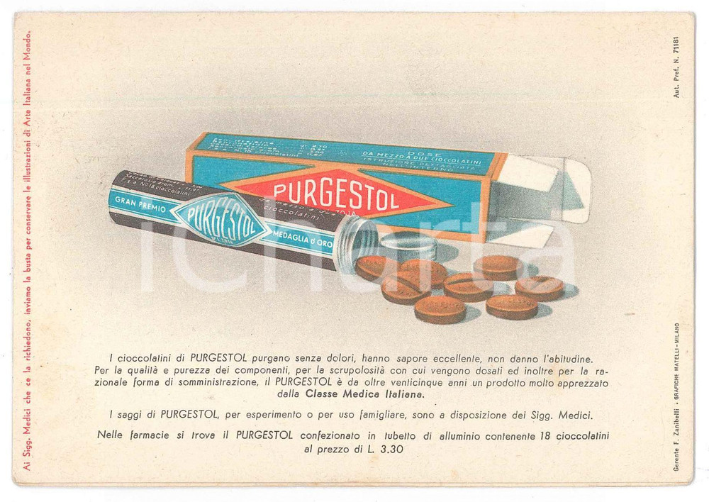 Materiale pubblicitario d’epoca 1938 MILANO FARMACEUTICA Giorgio ZOJA  Biglietto PURGESTOL Serie arte italiana 1