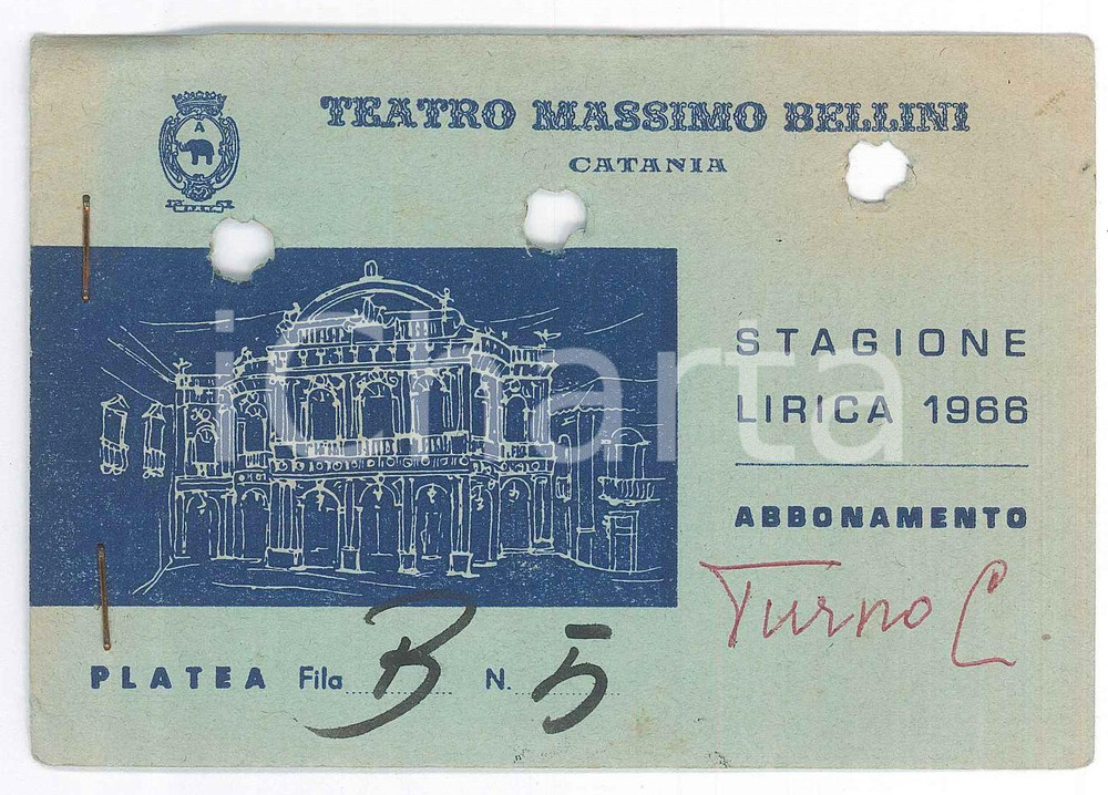 1966 CATANIA TEATRO MASSIMO BELLINI Abbonamento stagione lirica Abbonamento d'epoca con 18 talloncini all'interno. POOR/danneggiato fori da classificatore Formato: 13x9 cm originale e autentica 1