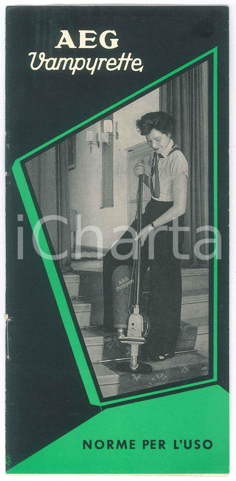 Materiale pubblicitario d’epoca 1955 AEG VAMPYRETTE Scopa elettrica  Norme per l uso Pieghevole ILLUSTRATO 1