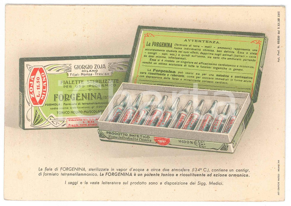 Materiale pubblicitario d’epoca 1939 MILANO FARMACEUTICA Giorgio ZOJA  Biglietto FORGENINA Serie botticelliana 1