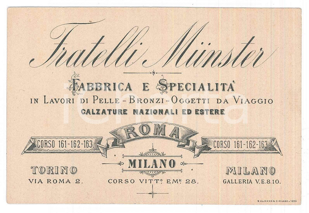 Oggetto da collezione cartaceo 1890 ca ROMA Via del Corso  Fratelli MUNSTER Pelle e calzature Biglietto 1