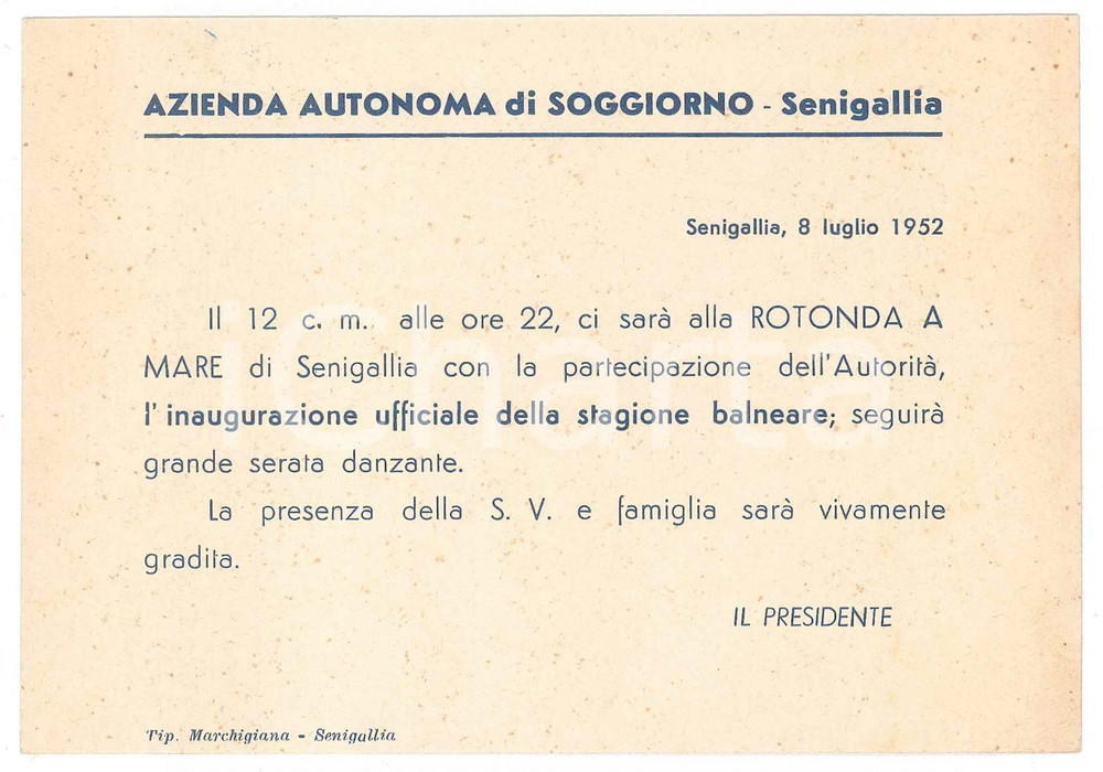 Materiale pubblicitario d’epoca 1952 SENIGALLIA Rotonda a Mare  Inaugurazione stagione balneare  Invito 1