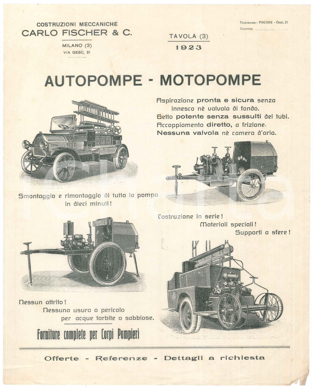 Materiale pubblicitario d’epoca 1923 MILANO via Gesù  Costruzioni CARLO FISCHER Autopompe  Motopompe VOLANTINO 1