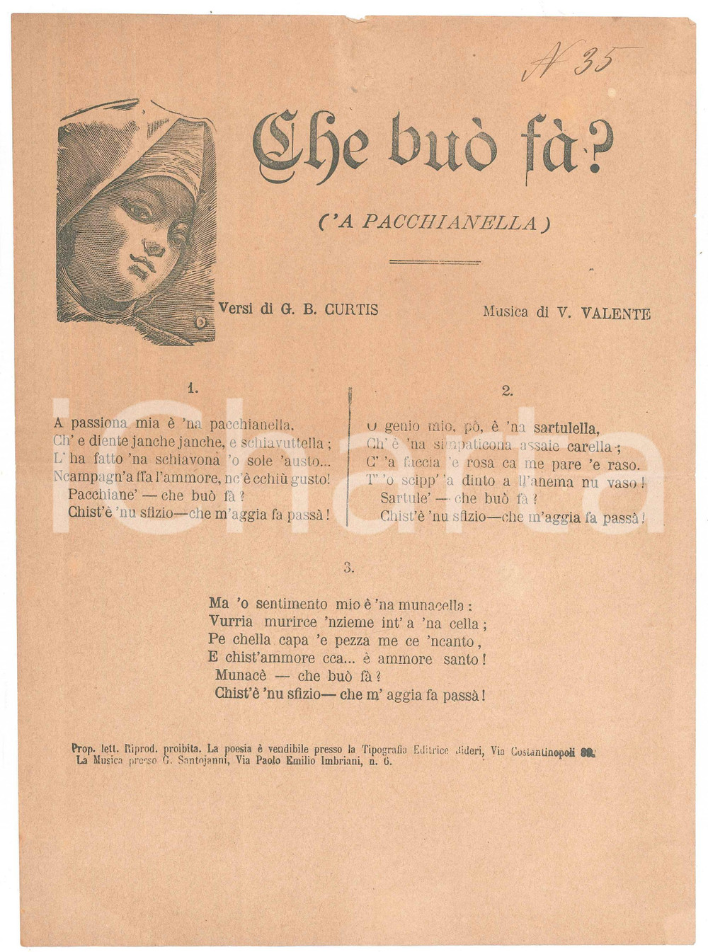 Oggetto da collezione cartaceo 1890 ca G.B. CURTIS  V. VALENTE Che buÃ² fÃ ?  A pacchianella CANZONE NAPOLETANA 1