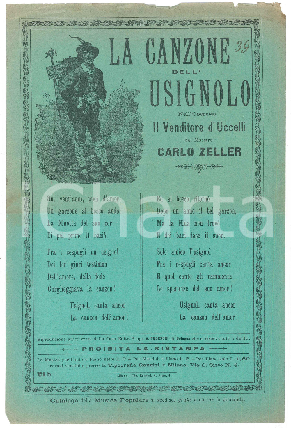 Oggetto da collezione cartaceo 1890 ca Carlo ZELLER Operetta IL VENDITORE D UCCELLI Canzone dell usignolo 1