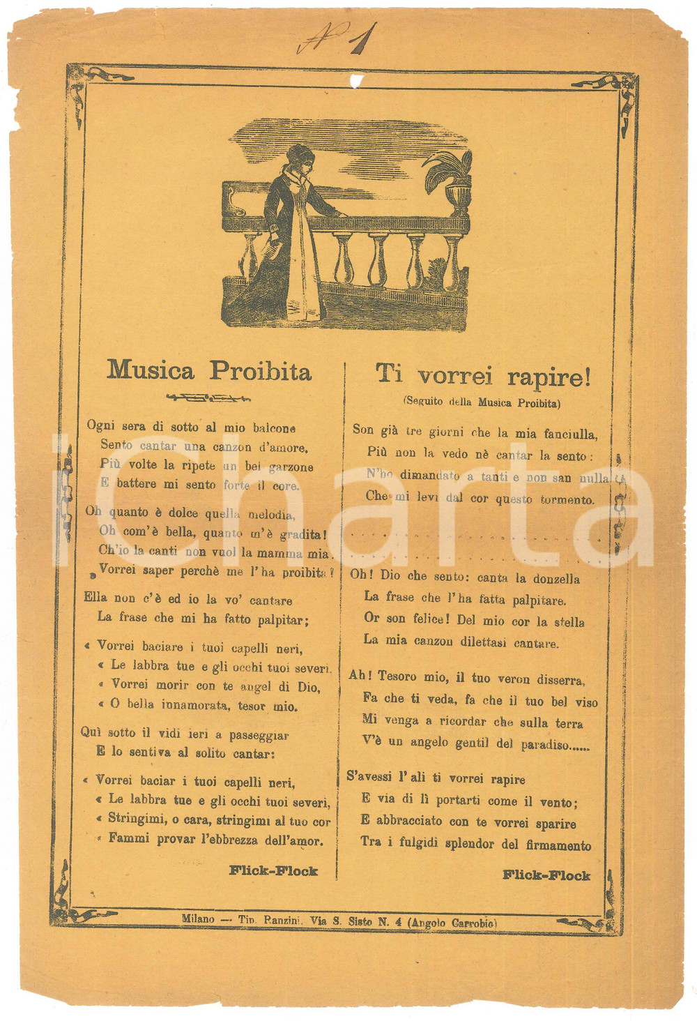 Oggetto da collezione cartaceo 1890 ca FLICKFLOCK Musica proibita e Ti vorrei rapire!  Tipografia Ranzini 1