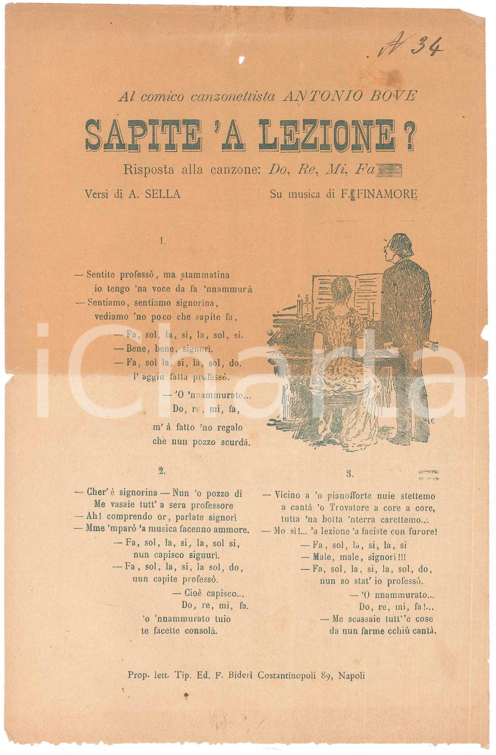 Oggetto da collezione cartaceo 1890 ca A. SELLA  F. FINAMORE Sapite  a lezione? Dedicata ad Antonio BOVE 1