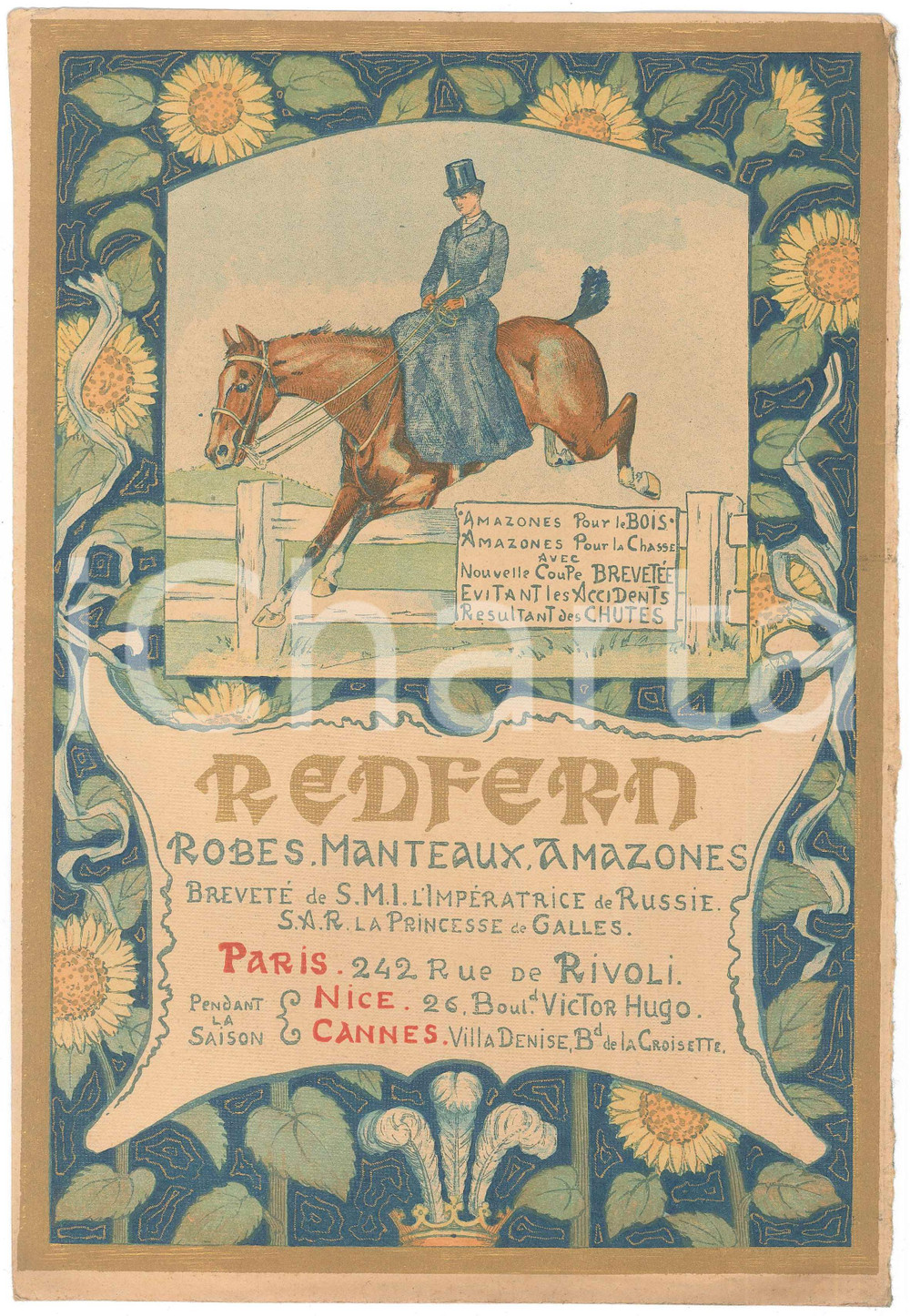 Materiale pubblicitario d’epoca 1910 ca PARIS  REDFERN Robes manteaux amazones PubblicitÃ  RARA 19x28 cm 1
