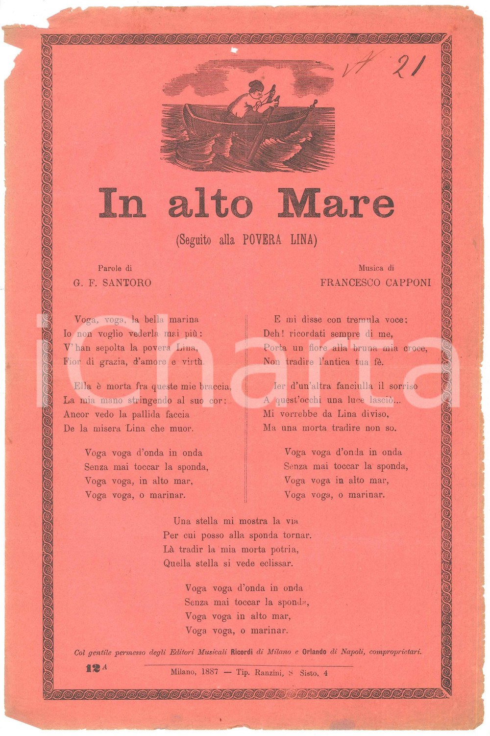 Oggetto da collezione cartaceo 1887 G.F. SANTORO Francesco CAPPONI In alto mare seguito alla Povera Lina 1